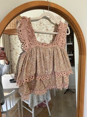 Anthro Women's Pink eyelet Trim Tiered Tank Top